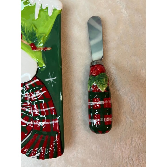 Fitz And Floyd Christmas Dish Holly Hat Snowman Snack Plate with Spreader - Picture 4 of 5